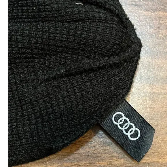 Black Knit Beanie Hat with Leather Patch Logo – Unisex Winter Cuffed Beanie - Picture 4 of 7